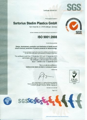 Sartorius Stedim Plastics GmbH ISO 9001 :2008