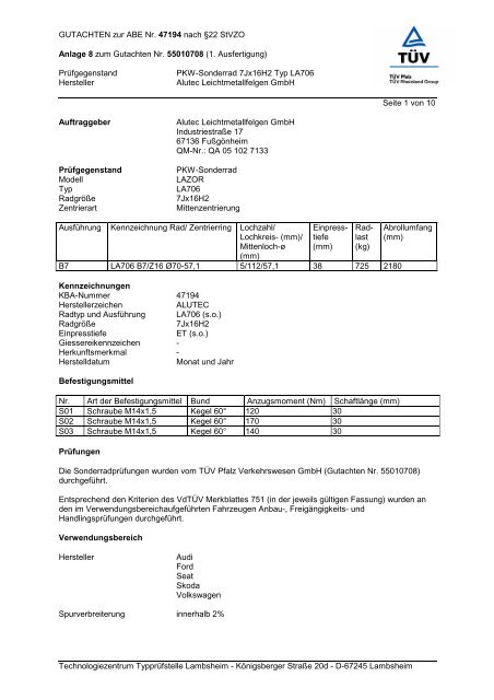 GUTACHTEN zur ABE Nr. 47194 nach §22 Stvzo Anlage 8 ... - Alutec