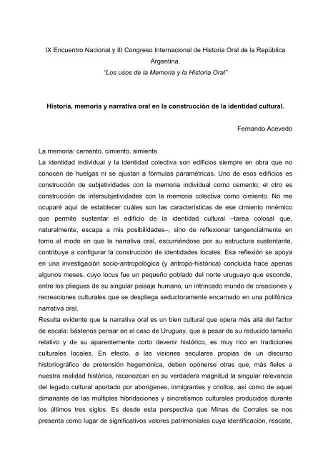 Generosidad Clasificar esqueleto Historia, memoria y narrativa oral en la construcción de la identidad ...