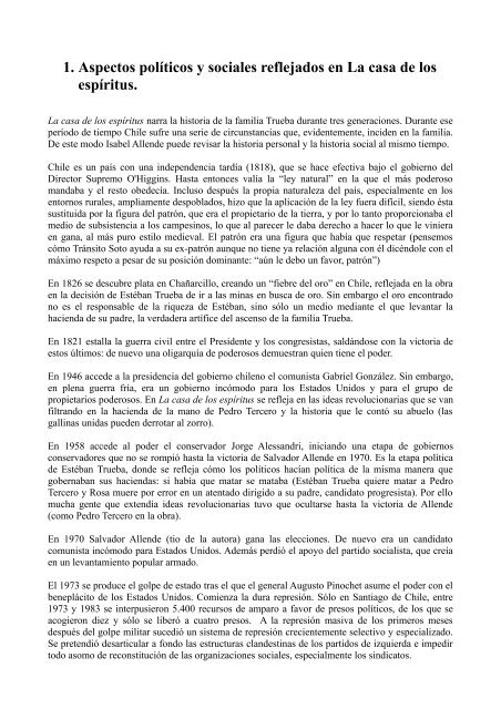 La Casa De Los Espíritus Ideas Principales 1. Aspectos políticos y sociales reflejados en La casa de los espíritus.