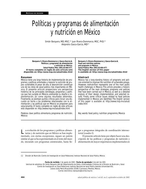 Programas y politicas de alimentacion y nutricion en mexico