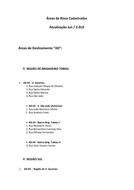 LEVANTAMENTO DE ÁREAS DE RISCO DE SOROCABA