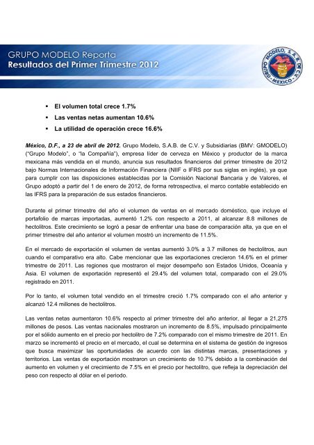 El volumen total crece 1.7% Las ventas netas ... - Grupo Modelo