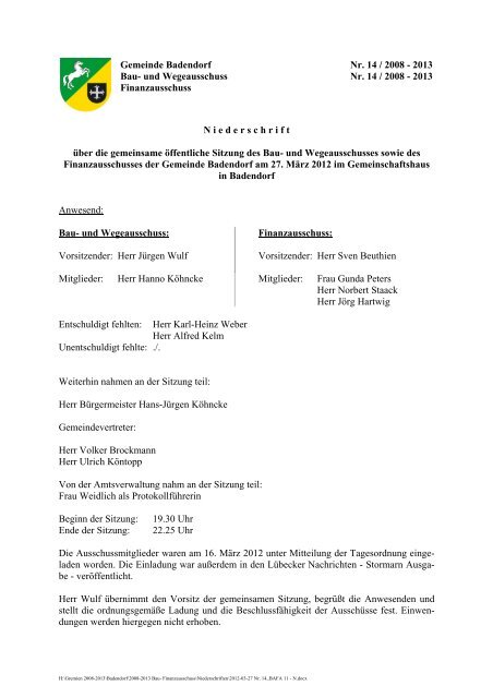 Niederschrift der Sitzung Nr. 14 vom 27. März - Amt Nordstormarn