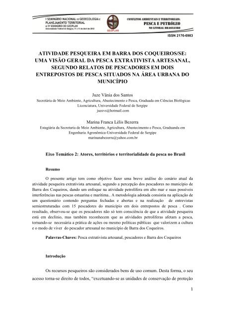 atividade pesqueira em barra dos coqueiros/se - Anais Geoplan