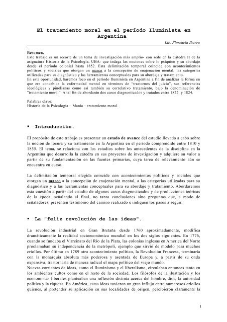 Ibarra: El tratamiento moral en el período iluminista en Argentina