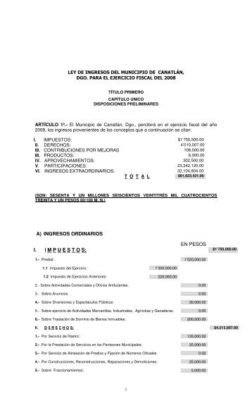 a) ingresos ordinarios en pesos i. impuestos - Orden Jurídico Nacional