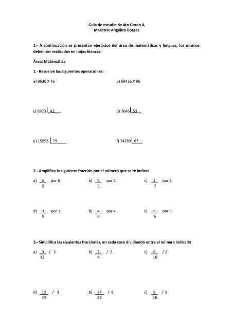 Guía de estudio de 4to Grado A Maestra: Angélica Borges 1.- A ...