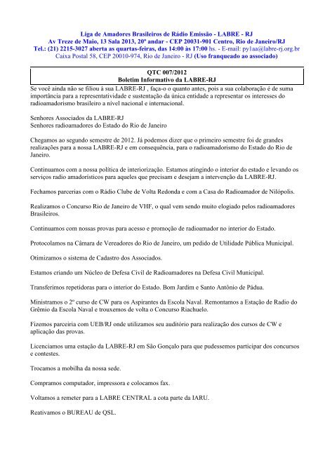 Liga de Amadores Brasileiros de Rádio Emissão - LABRE - RJ Av ...