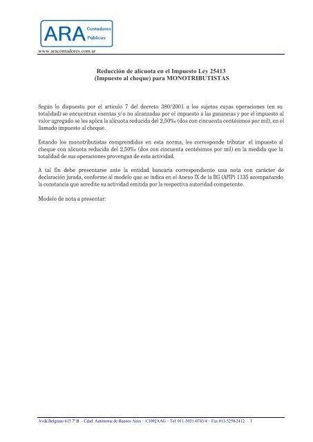 Nota de reducción de alícuota del impuesto al ... - ARA Contadores