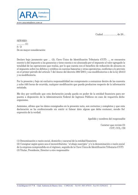 Nota de reducción de alícuota del impuesto al ... - ARA Contadores