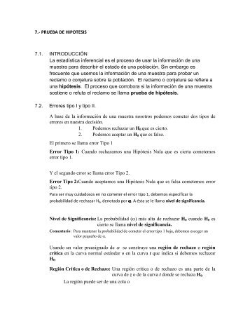 7.- PRUEBA DE HIPOTESIS 7.1. INTRODUCCIÓN La estadística ...