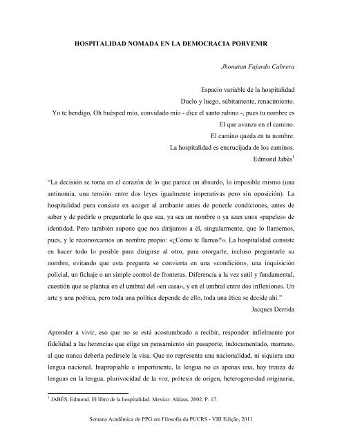 HOSPITALIDAD NOMADA EN LA DEMOCRACIA ... - pucrs