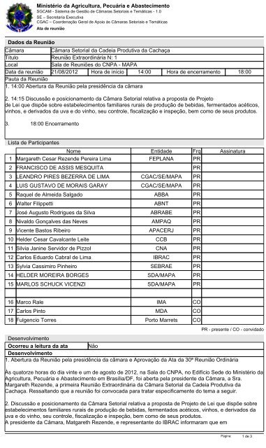 Ata de reunião - Ministério da Agricultura, Pecuária e Abastecimento