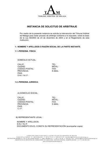 instancia de solicitud de arbitraje - Tribunal Arbitral de Málaga