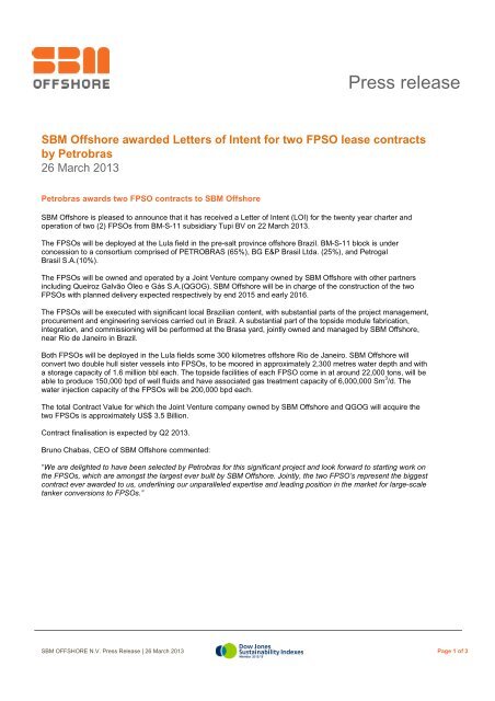 SBM Offshore awarded Letters of Intent for two FPSO lease contracts ...