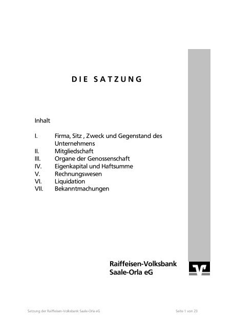 Satzung Der Raiffeisen Volksbank Saale Orla Eg