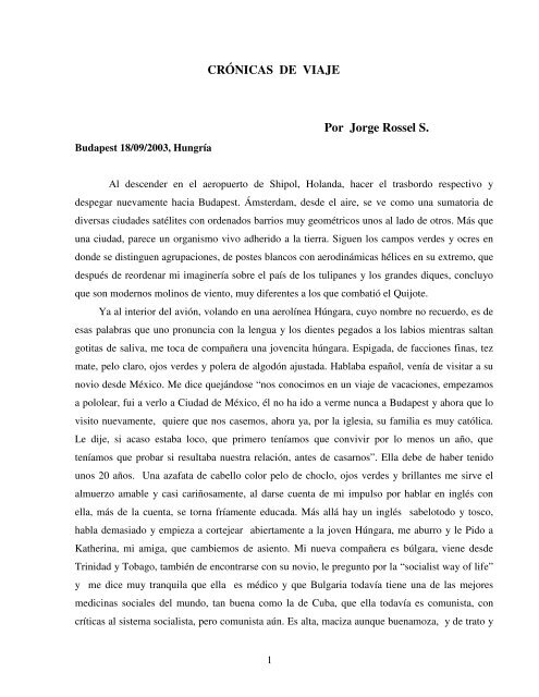 CRÓNICAS DE VIAJE Por Jorge Rossel S. - Letras de Chile