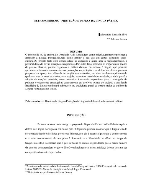 ESTRANGEIRISMO –PROTEÇÃO E DEFESA DA LÍNGUA ... - Ulbra