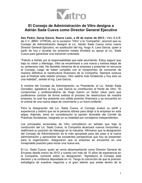 El Consejo de Administración de Vitro designa a Adrián Sada ...