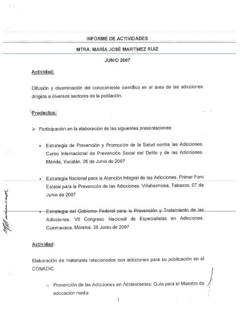 informe de actividades mtra. maría josé martínez ruiz junio 2007