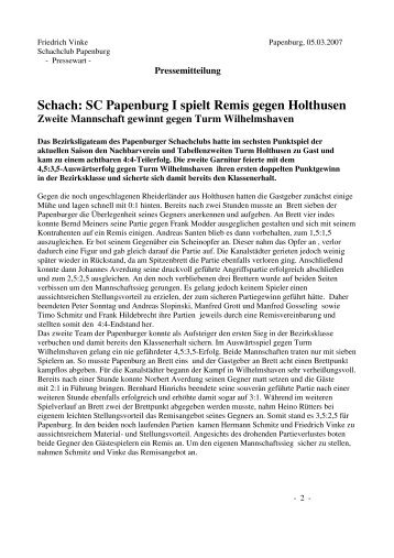 Schach: SC Papenburg I spielt Remis gegen Holthusen