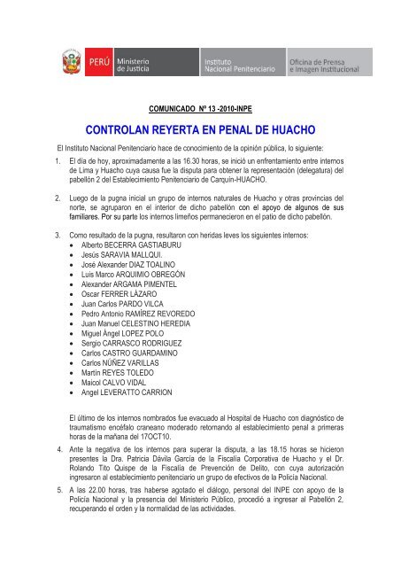 controlan reyerta en penal de huacho - Instituto Nacional Penitenciario