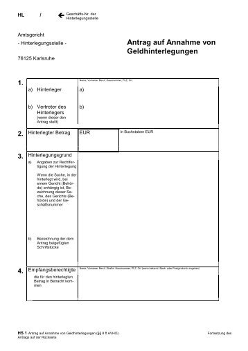 Antrag auf Annahme von Geldhinterlegungen - Amtsgericht Bretten