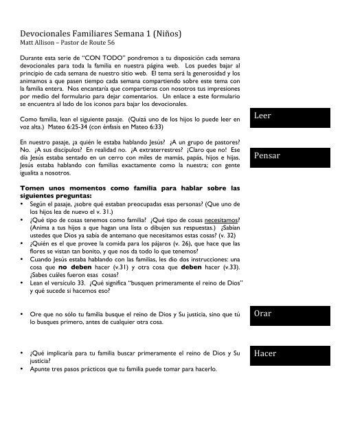 Devocionales Familiares Semana 1 (Niños) Leer Pensar Orar Hacer