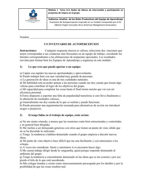 Nombre UN INVENTARIO DE AUTOPERCEPCION Instrucciones ...