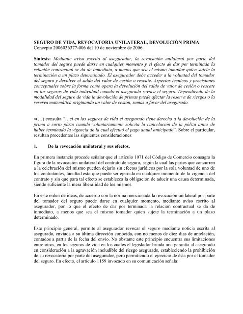 SEGURO DE VIDA, REVOCATORIA UNILATERAL, DEVOLUCIÓN ...