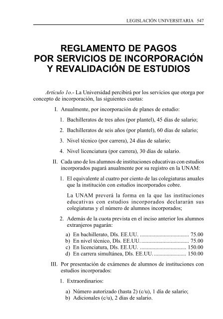 reglamento de pagos por servicios de incorporacion y revalidacion ...