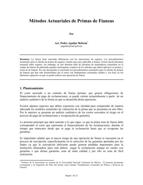 Fundamentos Actuariales De Primas De Fianzas Asociación - 