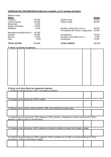 Ejercicio con muchos asientos del diario, asiento de ... - Telefonica.net