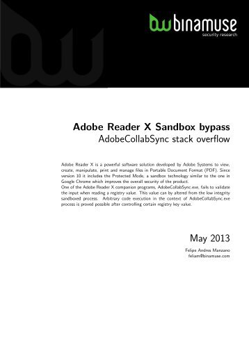 Adobe Reader X Sandbox bypass AdobeCollabSync stack overflow May 2013