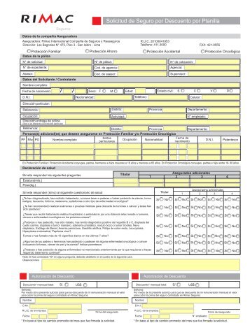 Solicitud de Seguro por Descuento por Planilla - RIMAC Seguros
