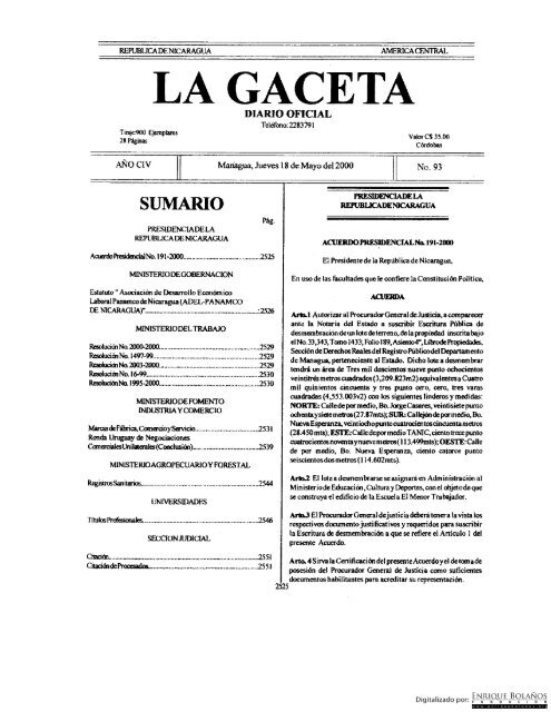 Gaceta - Diario Oficial de Nicaragua - No. 93 del 18 de mayo 2000