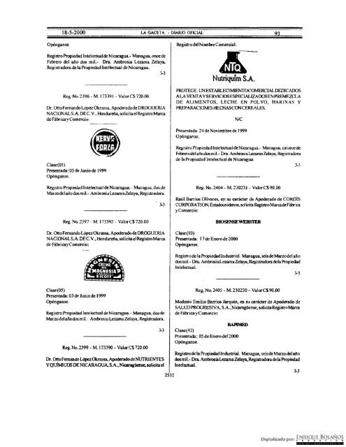 Gaceta - Diario Oficial de Nicaragua - No. 93 del 18 de mayo 2000