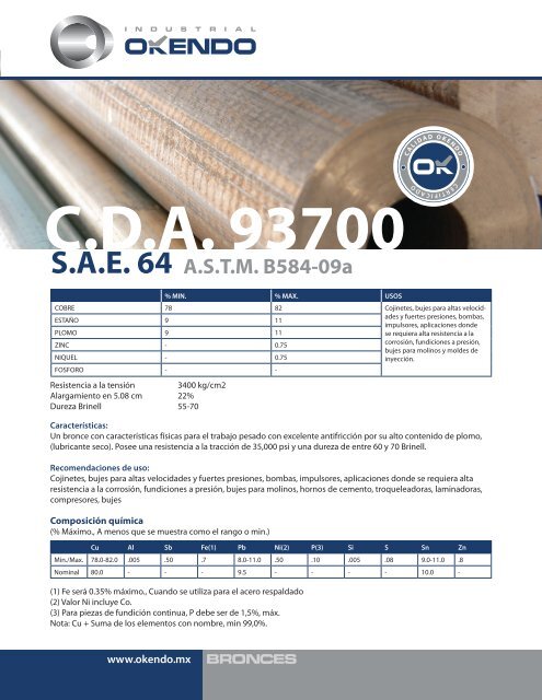 Contando insectos apilar Representación SAE 64 ASTM B584-09a CDA 93700 - Bronce