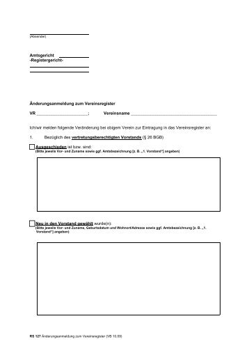 Änderungsanmeldung zum Vereinsregister - Amtsgericht Pforzheim