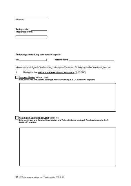 Änderungsanmeldung zum Vereinsregister - Amtsgericht Pforzheim