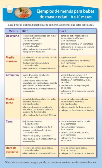 Ejemplos de menús para bebés de mayor edad - 8 a 10 meses (PDF)