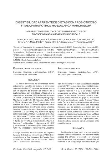 digestibilidad aparente de dietas con probióticos o ... - SciELO España