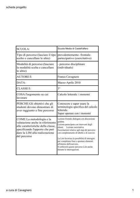 scheda progettoMonomi - lim & matematica