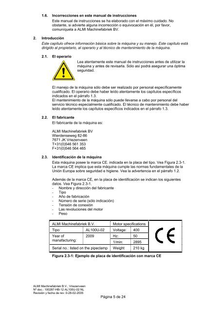 Manual de instrucciones - Almi Machinefabriek