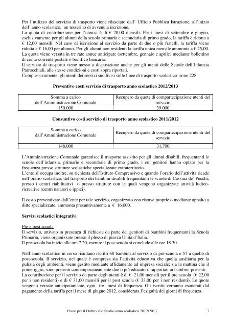 Il testo del Piano per il Diritto allo Studio - Progetto Cassina-Sant'Agata