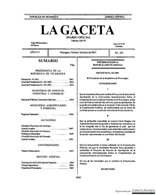 Gaceta - Diario Oficial de Nicaragua - # 103 de 01 Junio 2001