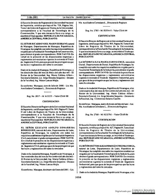 Gaceta - Diario Oficial de Nicaragua - # 103 de 01 Junio 2001