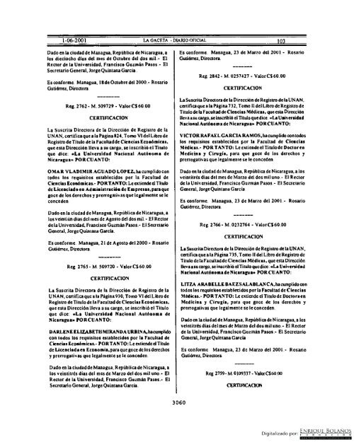 Gaceta - Diario Oficial de Nicaragua - # 103 de 01 Junio 2001