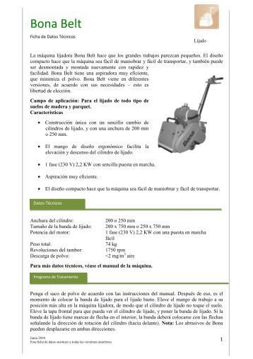 Ficha de datos Técnicos de la maquina lijadora parquet Bona Belt